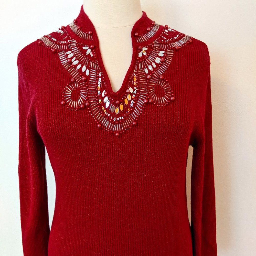 Lauren Michelle Red Beaded V-Neck Sweater